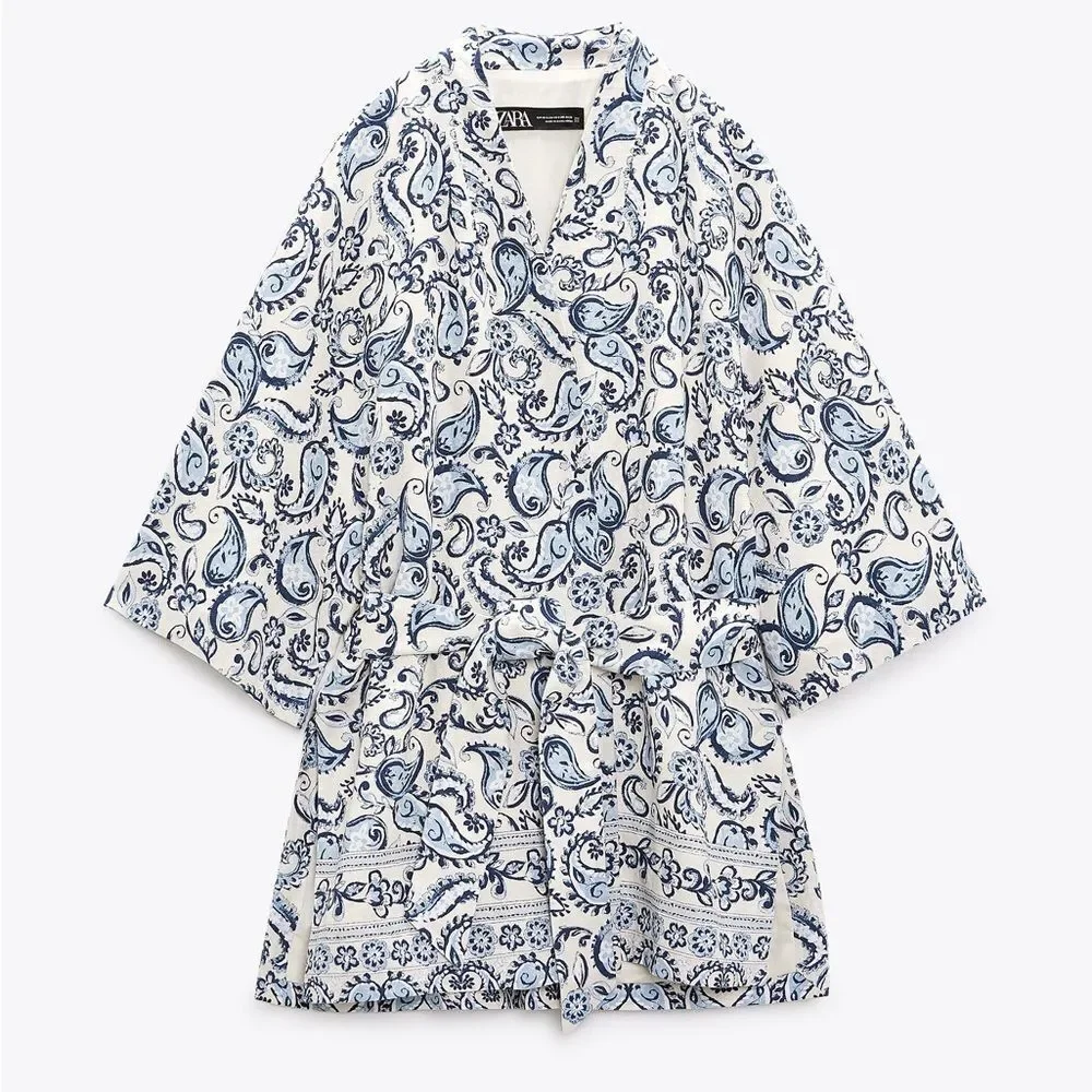 Zara Linen Blend Co-Ord Set Printed Pants And Kimono New